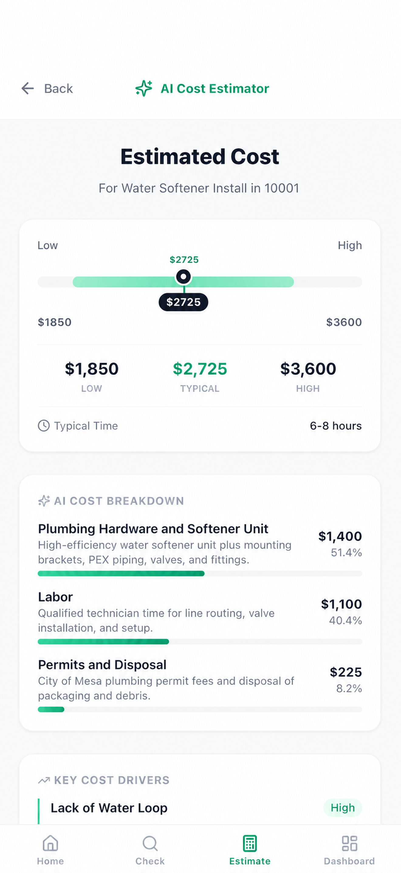 Price Truth project estimate with typical cost and AI cost breakdown