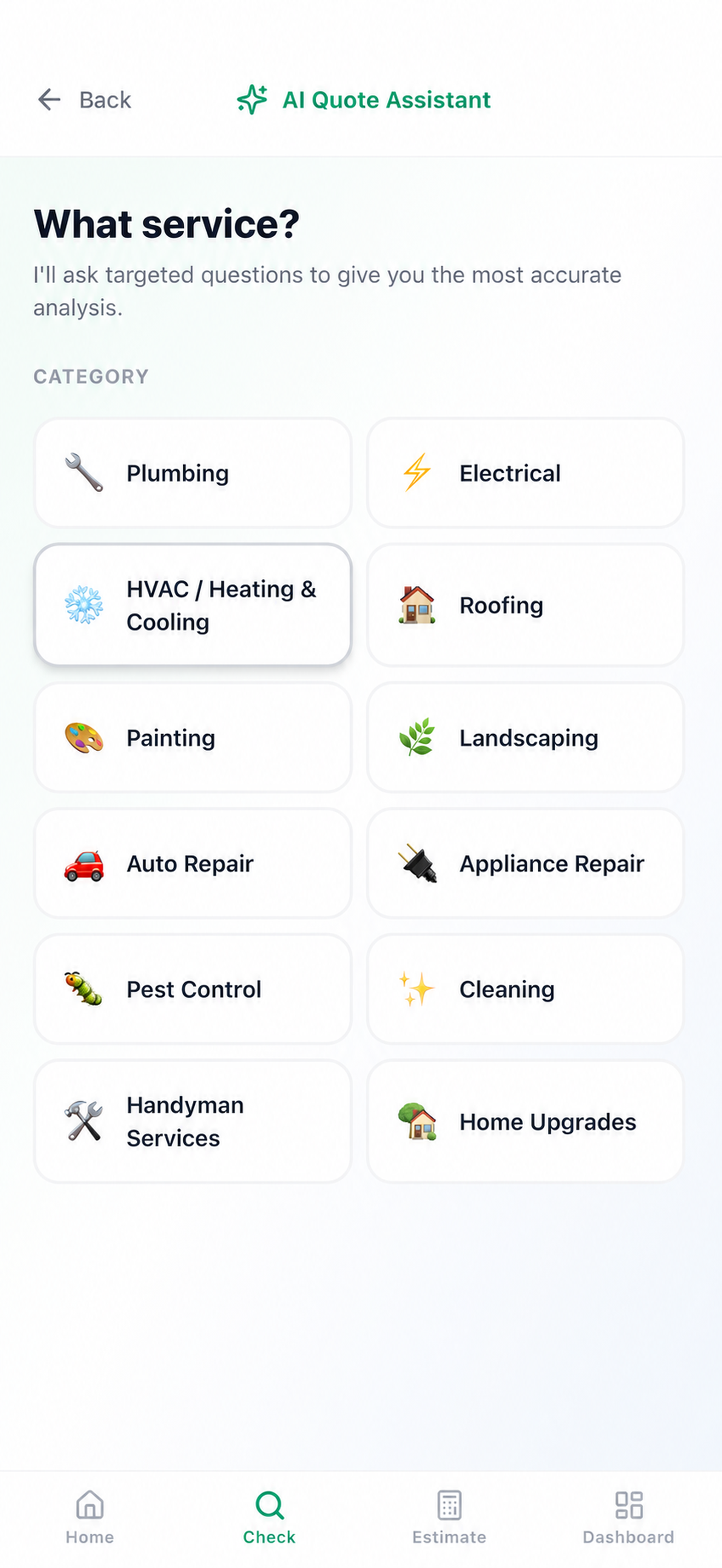 Price Truth AI Quote Assistant category selection screen