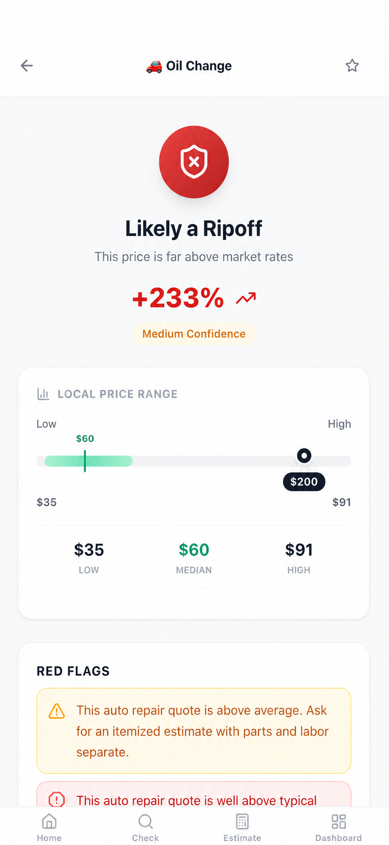 Price Truth quote verdict showing a likely ripoff and local price range